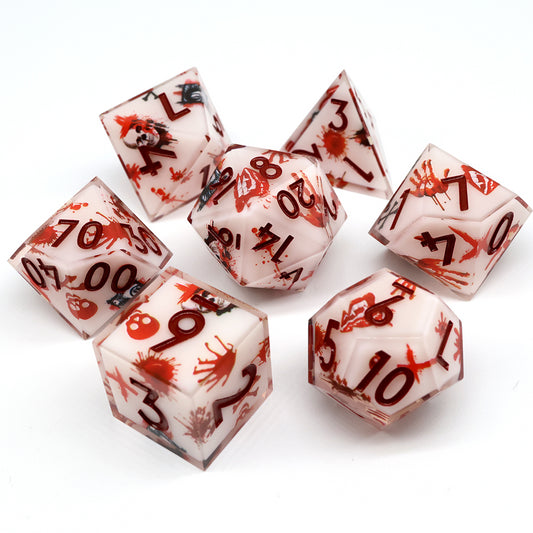 Wide angle shot of Touch of death dice set showing skeletons and blood prints