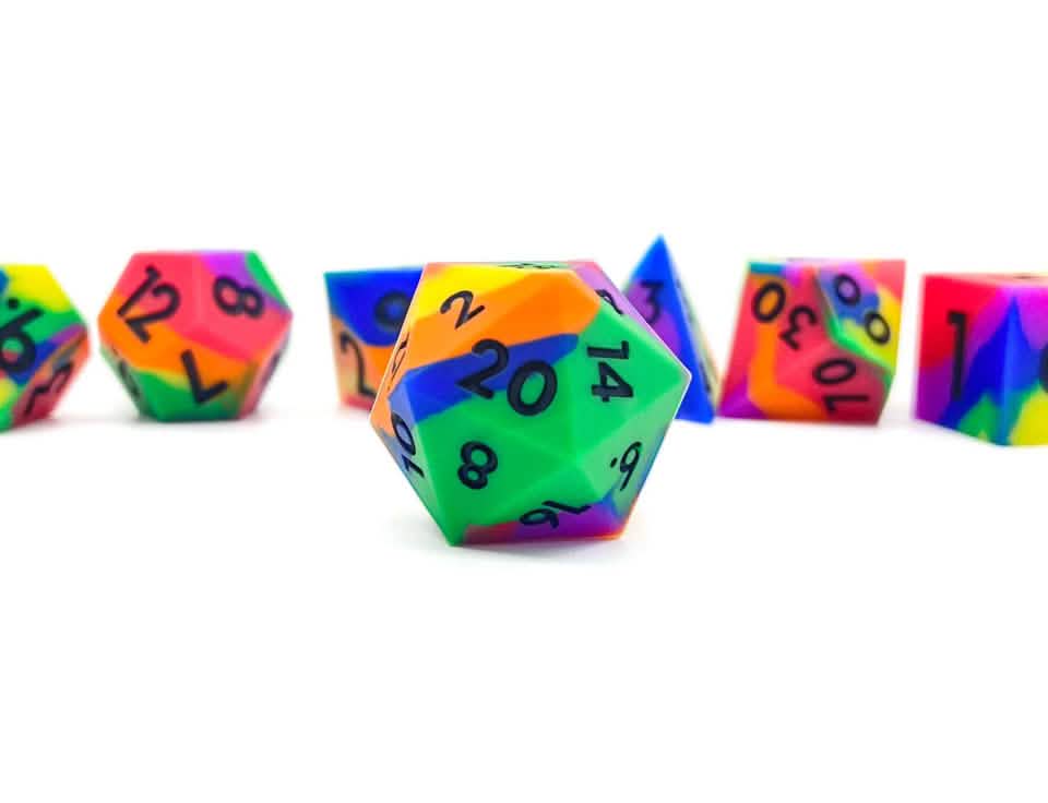 Multicoloured Squish Rocks – lifestyle shot – bouncy silicone DnD dice set