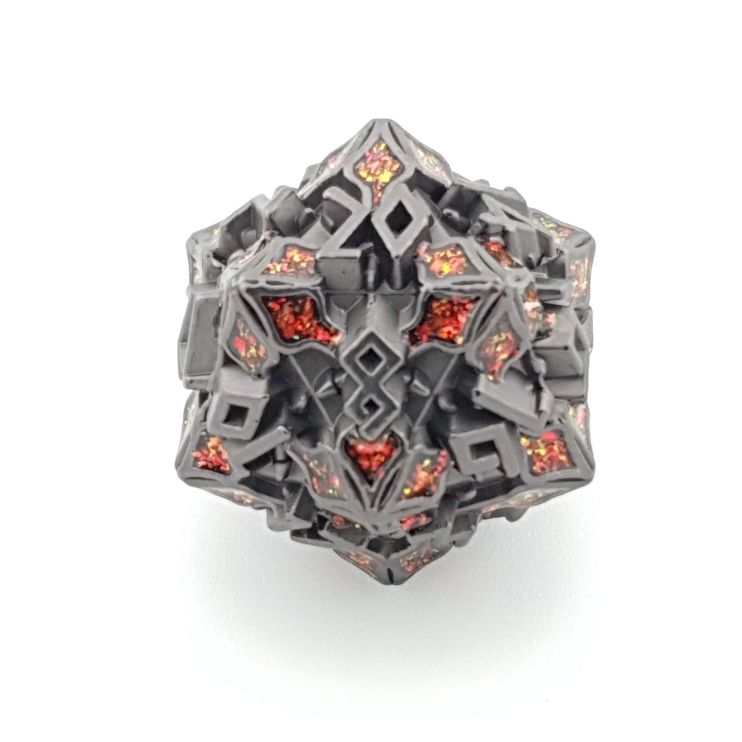 Bloodwood Relic – close-up view – metal DnD dice set