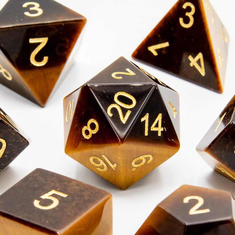 Tiger's Eye – close-up view – DnD dice set