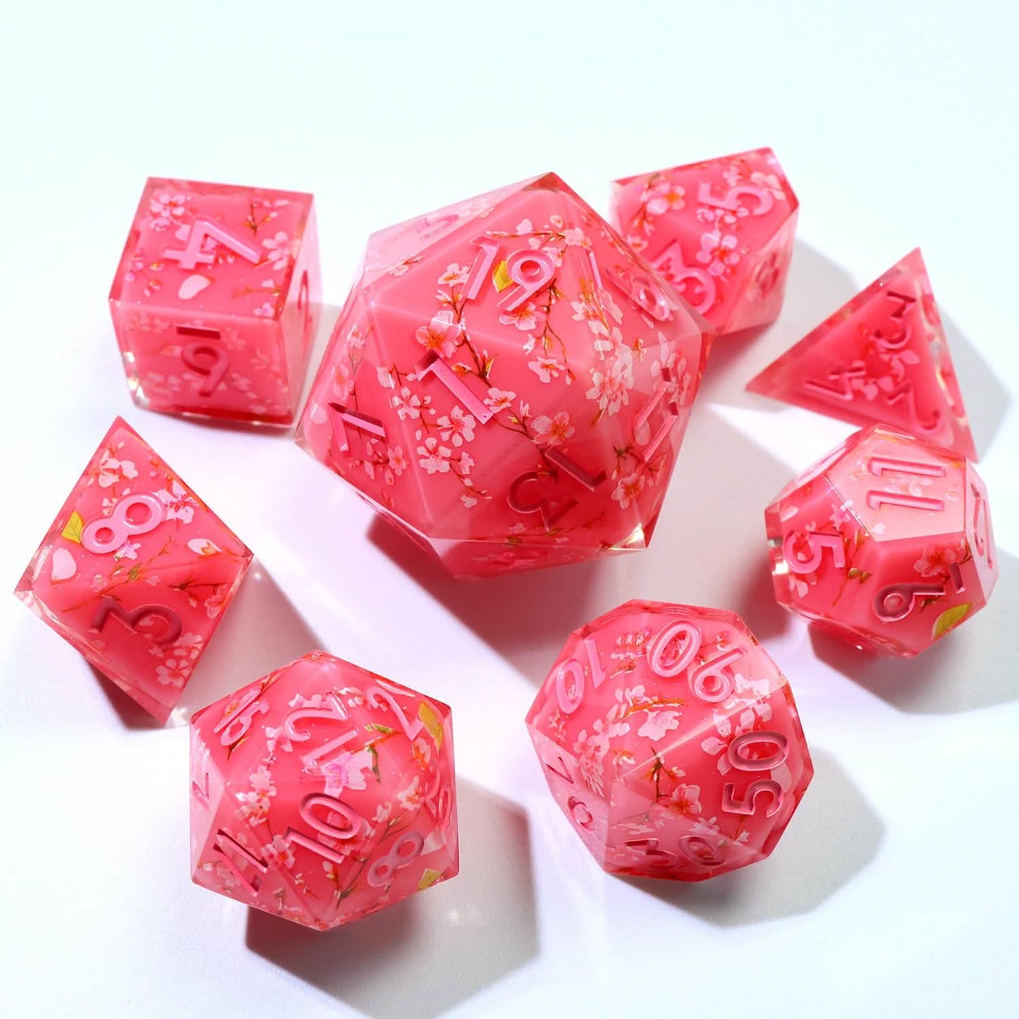 Candied Blossom – close-up view – art core DnD dice set