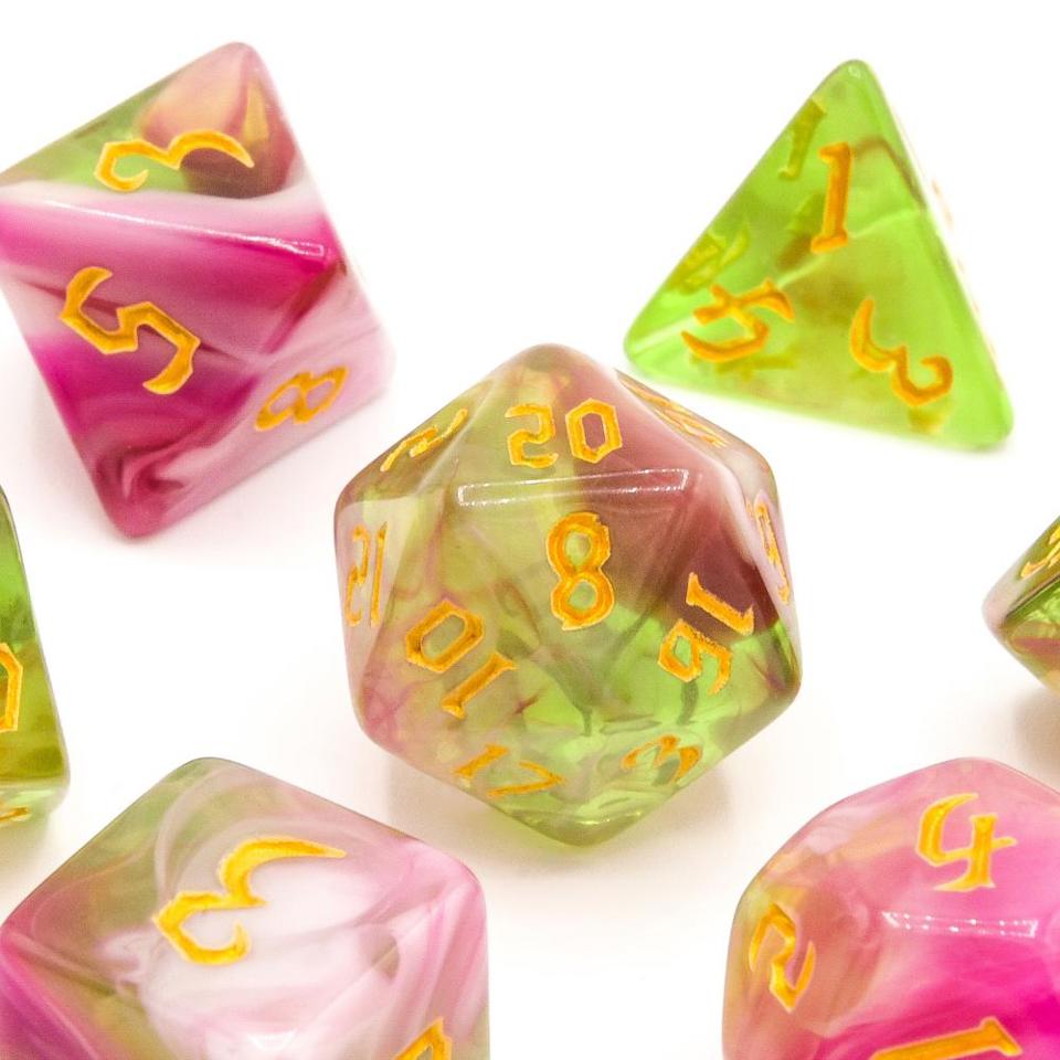 Green / Pink Sour Swirl | Gold Numbers | 7 Piece Acrylic Dice Set