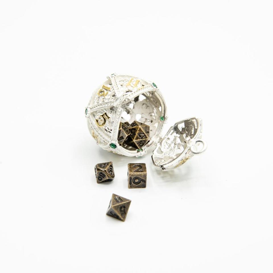 Silver D20 Pendant | Necklace with Ancient Bronze Mini Dice Set