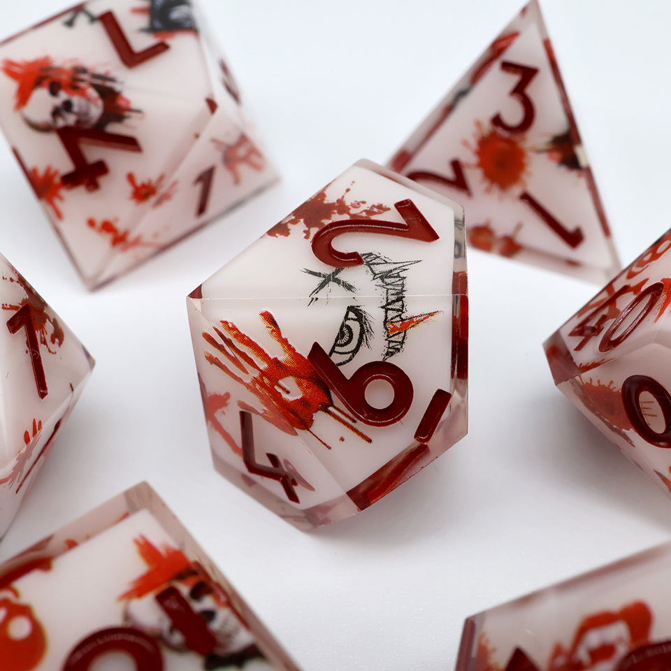 Touch of Death | ART CORE DICE | White & Bloodied Hand Prints | 7 Piece Set