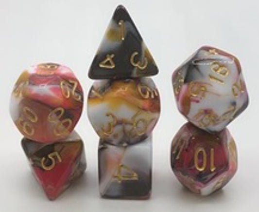 Swirling Black, White, Red & Orange | Gold Numbers | 7 Piece Acrylic Dice Set