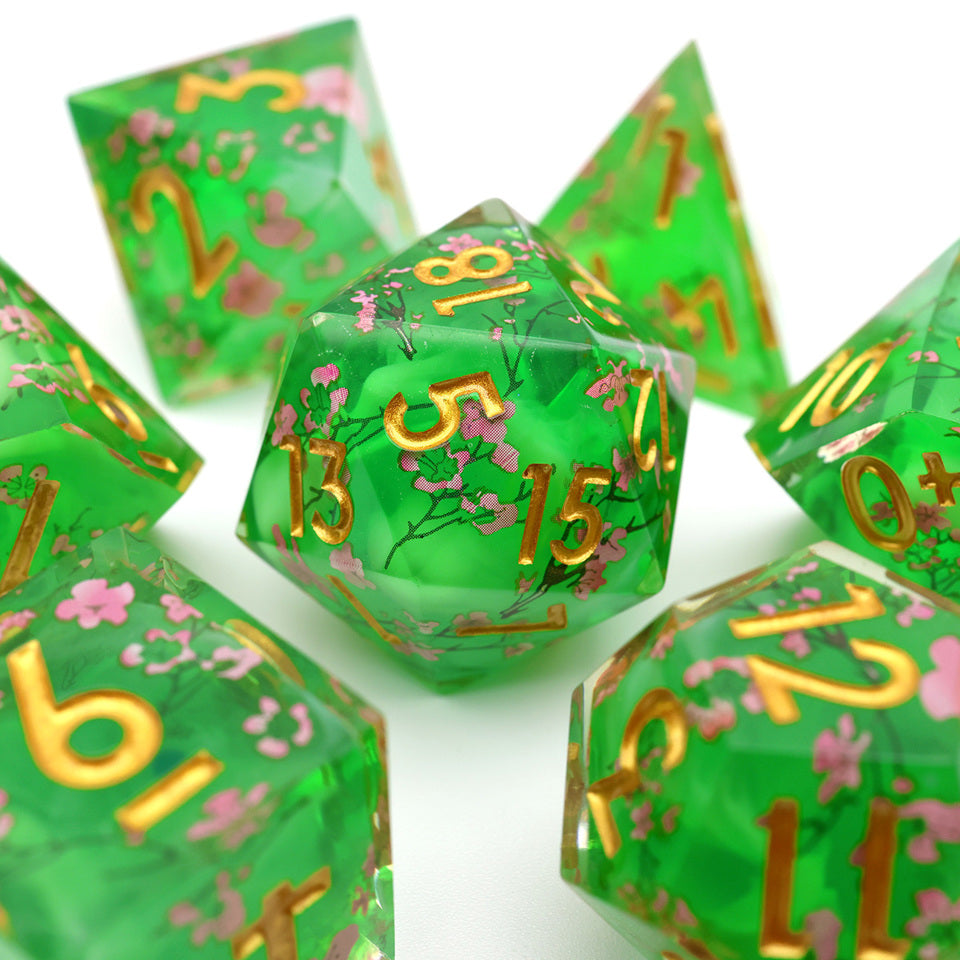 Matcha Blossom | ART CORE DICE | Cherry Blossom with Gold numbers | 7 Piece Set