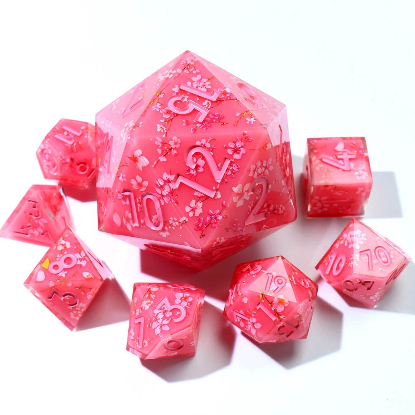 Candied Blossom – close-up view – art core DnD dice set (1)