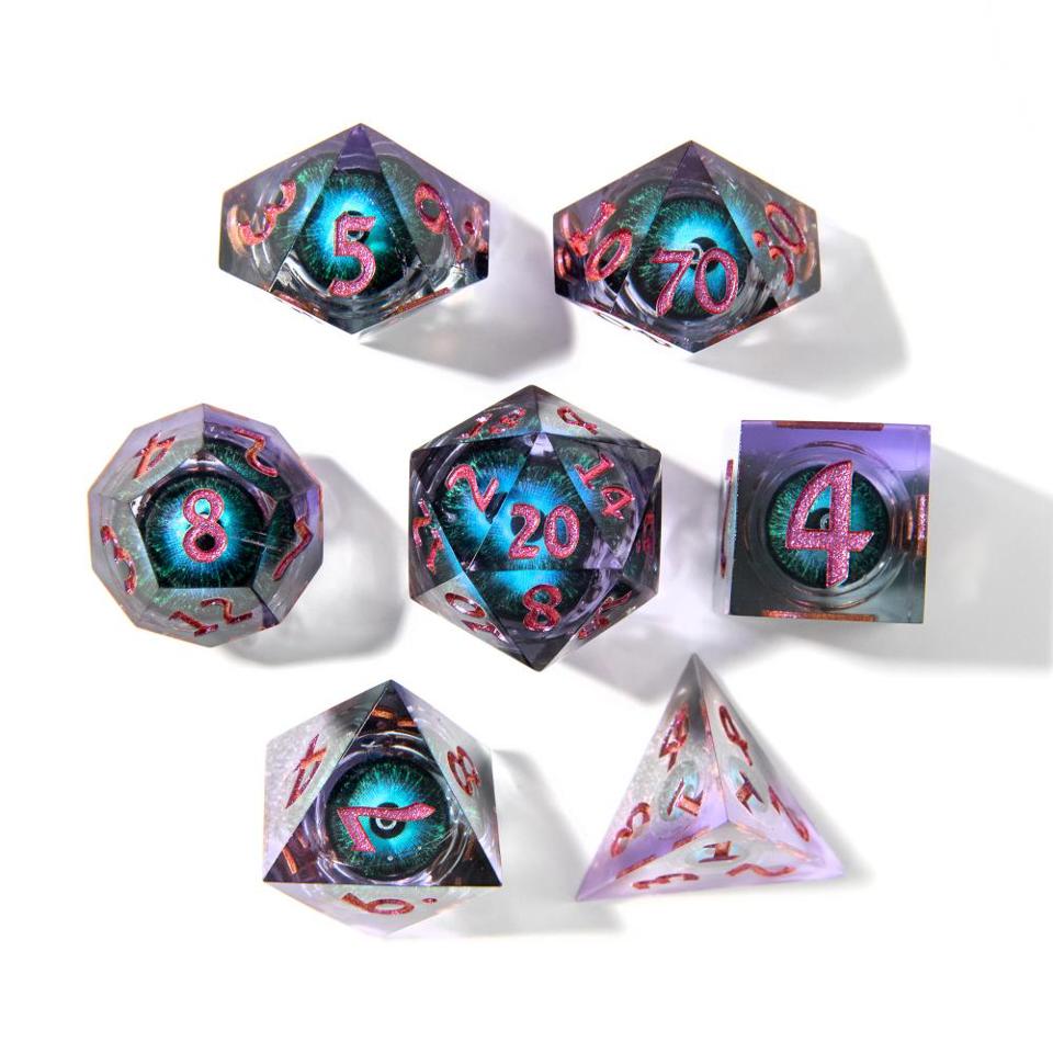 Teal Eye with Pink Font | Moving Eyeball | Liquid Core Dice | 7 pc Set