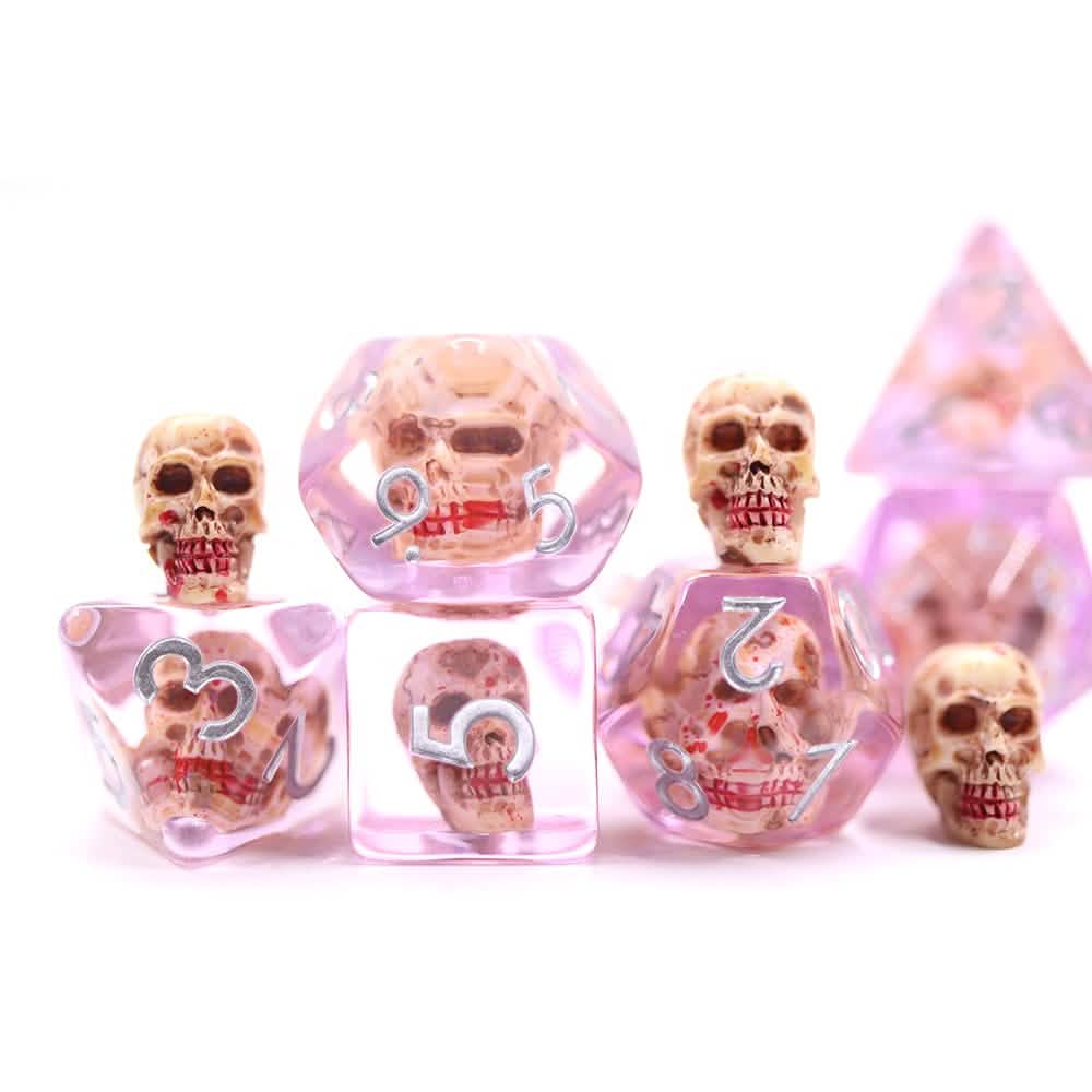 Bloody Skulls – lifestyle shot – resin DnD dice set