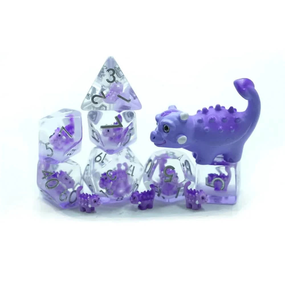 Cute Dino – lifestyle shot – resin DnD dice set
