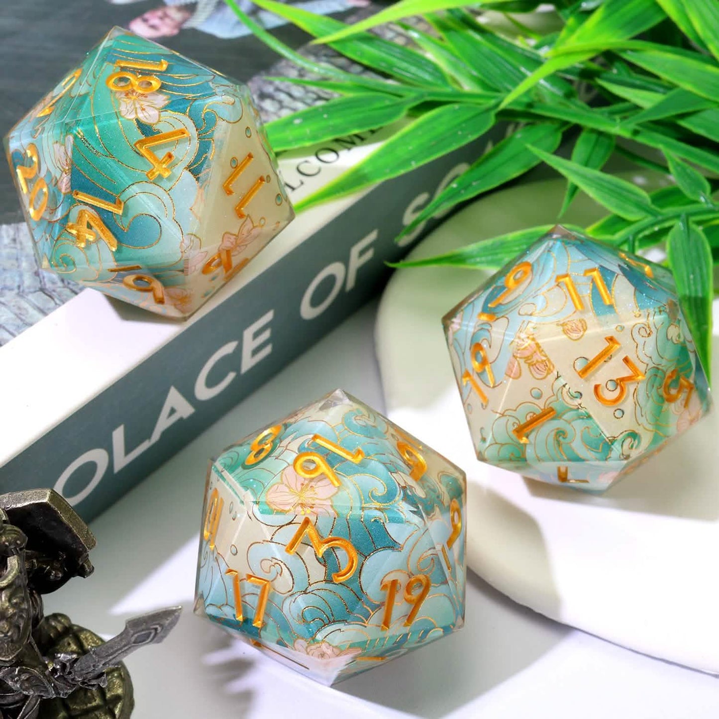 Emerald Tide – lifestyle shot – art core DnD dice set