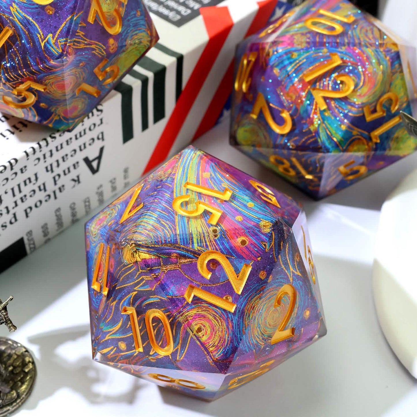 Gilded Cosmos – view 5 – art core DnD dice set
