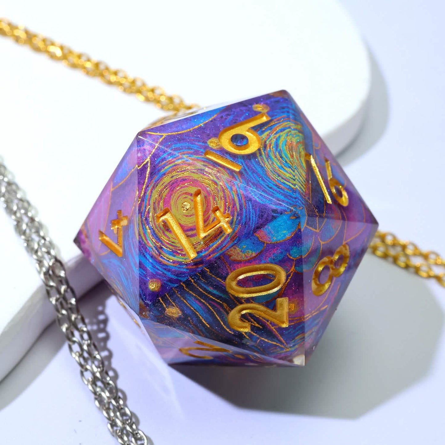 Gilded Cosmos – lifestyle shot – art core DnD dice set (1)