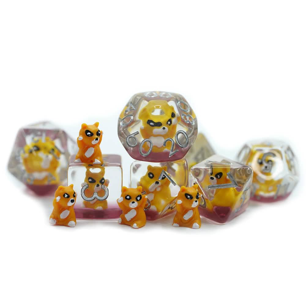 Ginger Racoon – lifestyle shot – resin DnD dice set