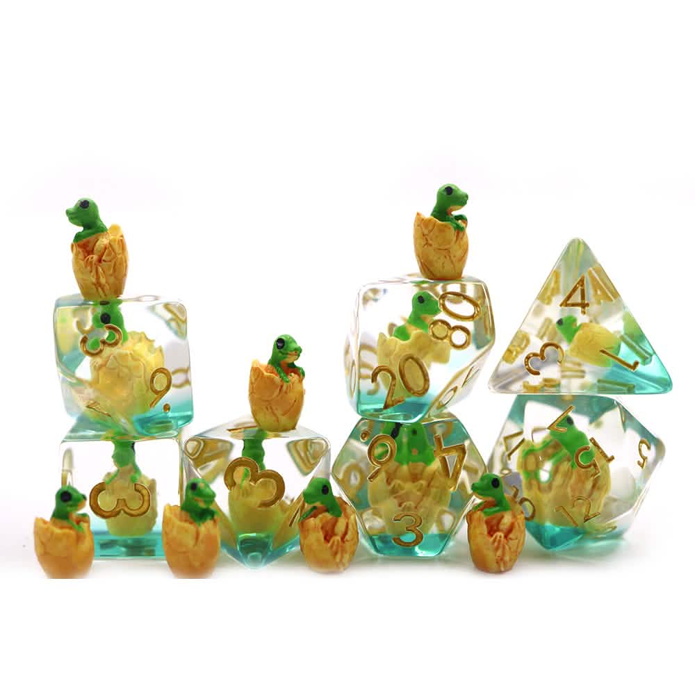 Green Hatchling Dragon – lifestyle shot – resin DnD dice set