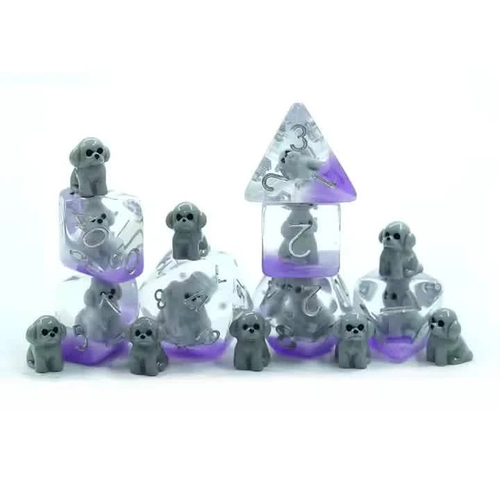 Grey Dogs – lifestyle shot – resin DnD dice set