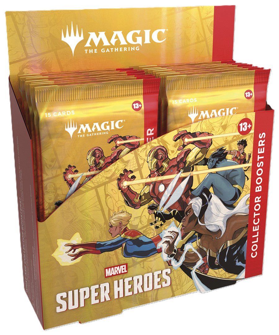 Magic: The Gathering Marvel Super Heroes Collector Booster Box featuring gold and red themed packaging with dynamic Marvel character artwork, containing twelve premium collector booster packs.