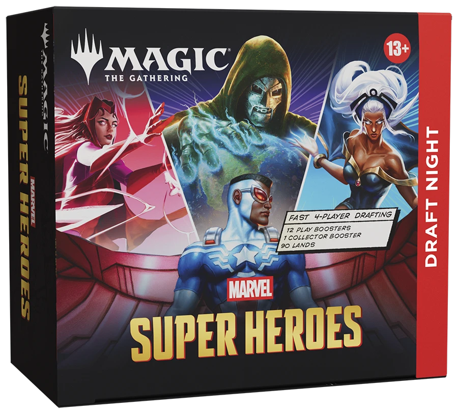 Magic: The Gathering Marvel Super Heroes Collector Draft Night Box featuring dynamic Marvel character artwork and branded packaging for the special edition draft event, showcasing the box design and included booster contents.