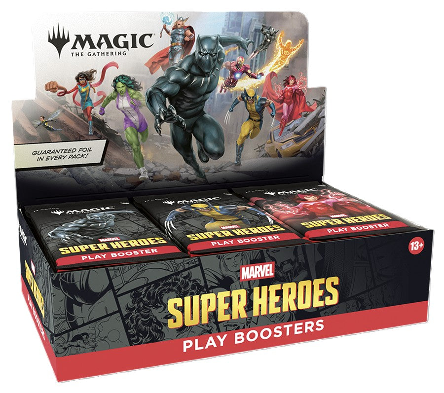 Magic: The Gathering Marvel Super Heroes Play Booster Box featuring bold Marvel character artwork and branded packaging, containing thirty themed Play Booster packs for the special edition release.