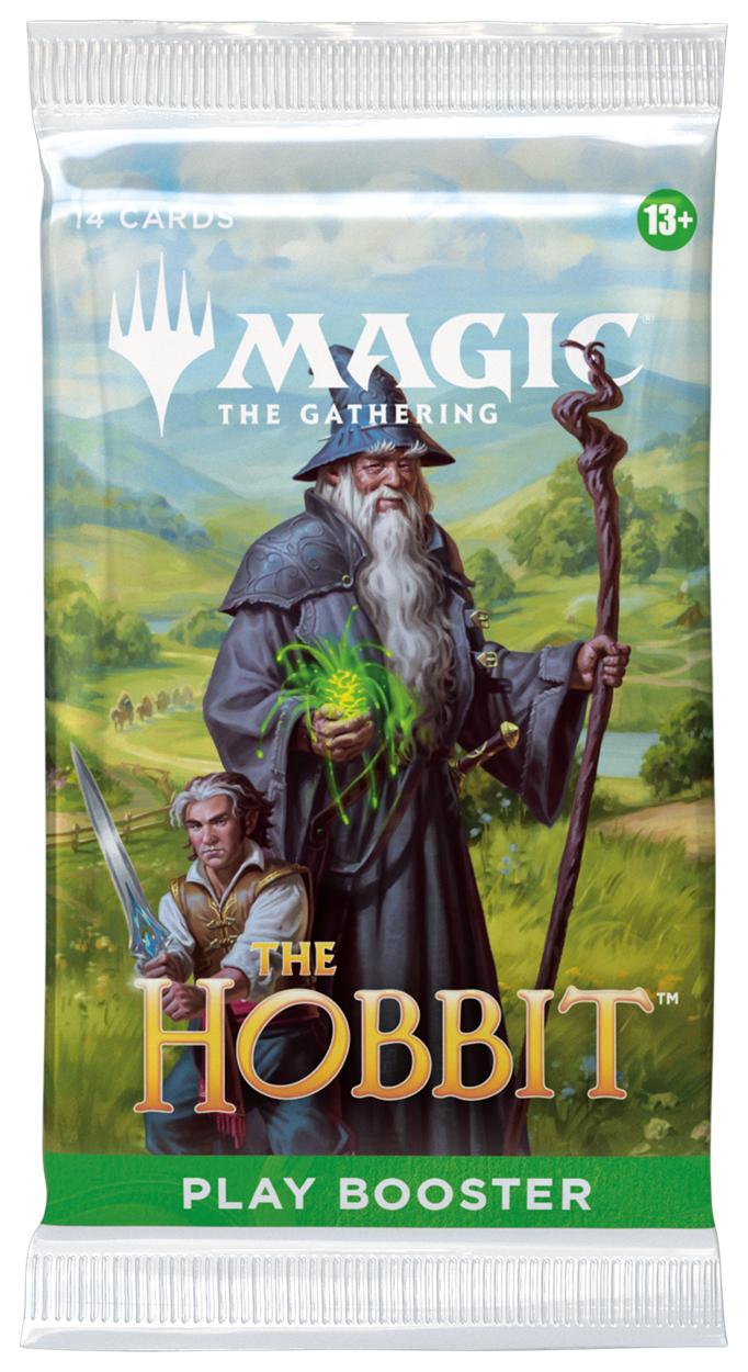 Magic: The Gathering The Hobbit Play Booster Pack featuring themed Lord of the Rings artwork and branded packaging for the special edition release.