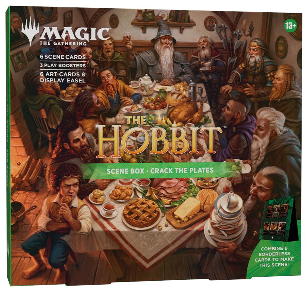 Magic: The Gathering The Hobbit “Crack the Plates” Scene Box featuring Gandalf, Bilbo, and the dwarves gathered around a feast, with product contents and artwork displayed on the packaging.