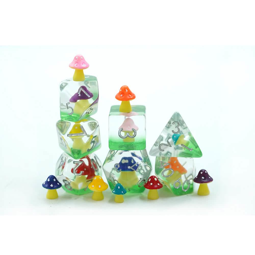 Multi-Colour Mushies – lifestyle shot – soft edge resin DnD dice set