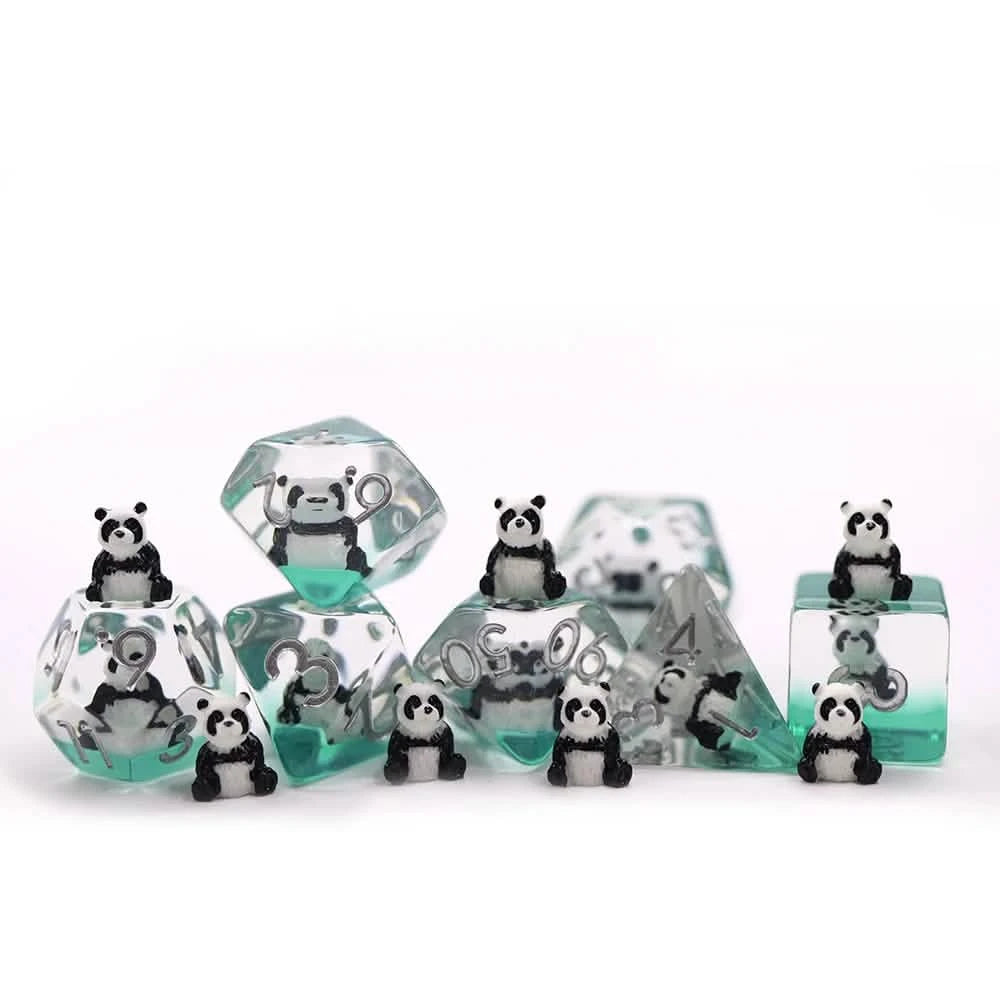 Playful Pandas – lifestyle shot – resin DnD dice set