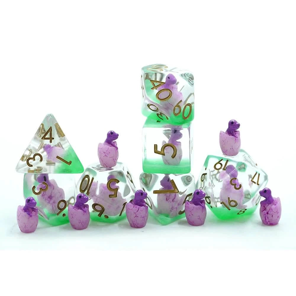 Purple Hatchling Dragon – lifestyle shot – resin DnD dice set
