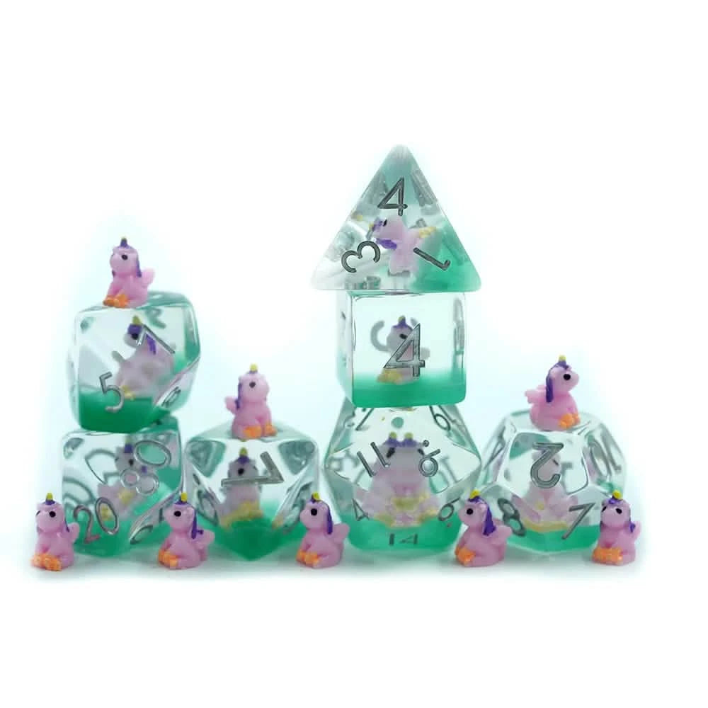 Purple Unicorns – lifestyle shot – resin DnD dice set