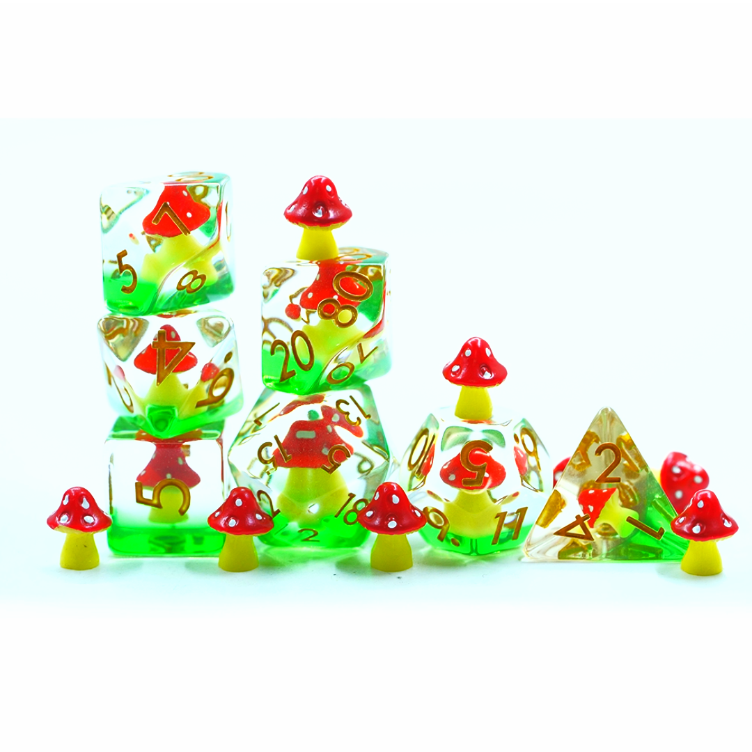 Red Mushies & Grass – lifestyle shot – soft edge resin DnD dice set