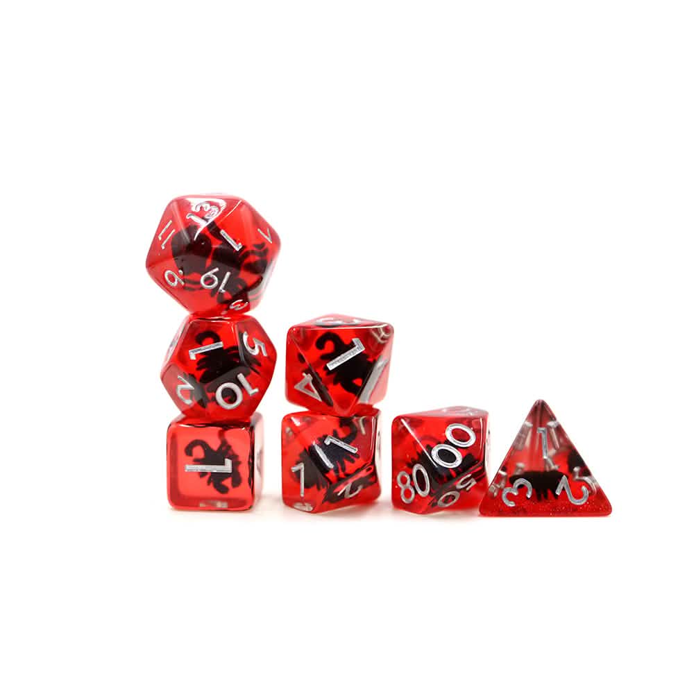 Red Scorpions – lifestyle shot – resin DnD dice set