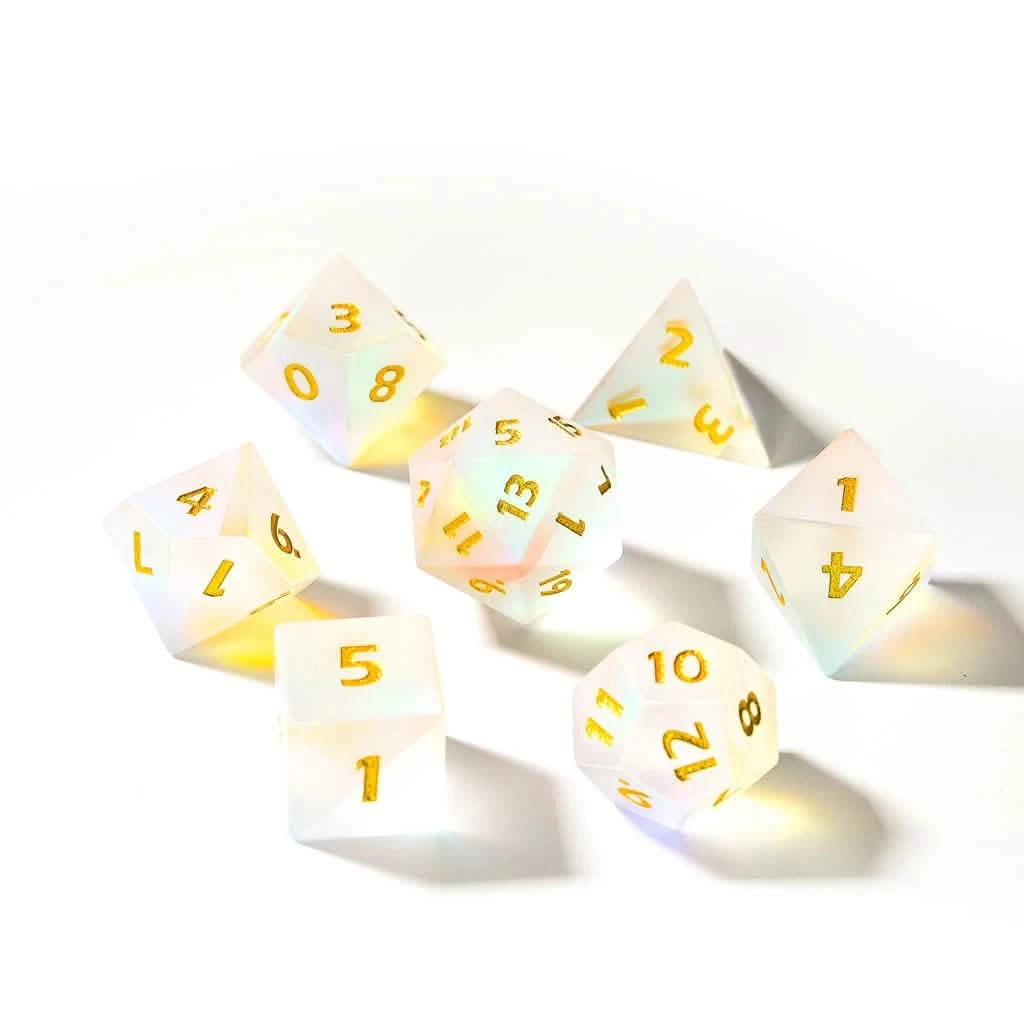 Chromatic Haze – lifestyle shot – metal DnD dice set