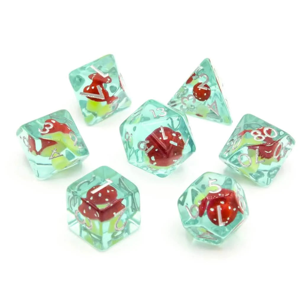 Red Mushies – lifestyle shot – soft edge resin DnD dice set