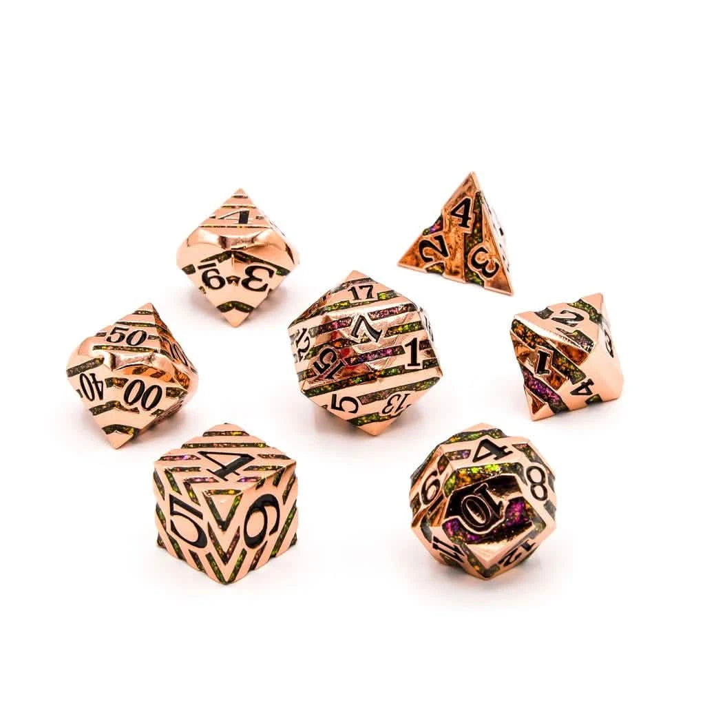Wizard's Vein – lifestyle shot – metal DnD dice set