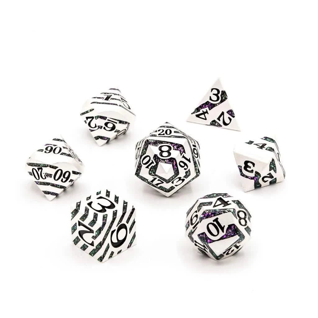 Sorcerer's Vein – lifestyle shot – metal DnD dice set