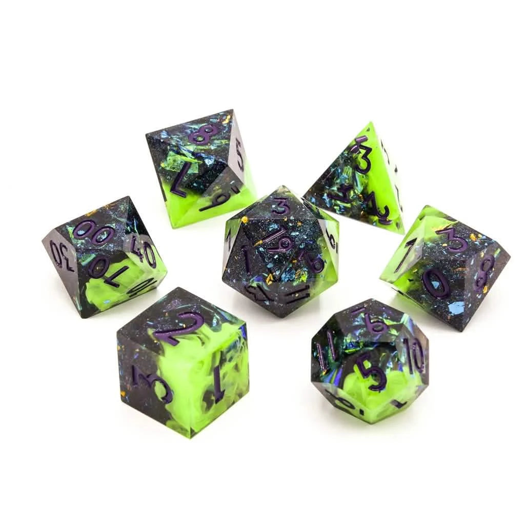 Toxic Elixer – lifestyle shot – sharp edge resin DnD dice set
