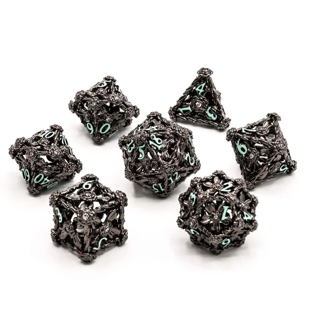 Nightbloom – lifestyle shot – metal DnD dice set