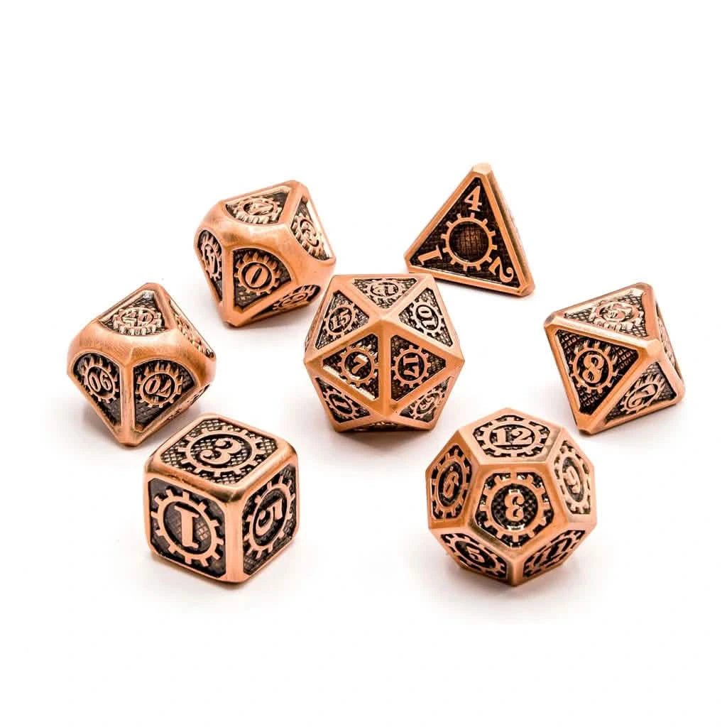 Aether Gear Gambit – lifestyle shot – metal DnD dice set