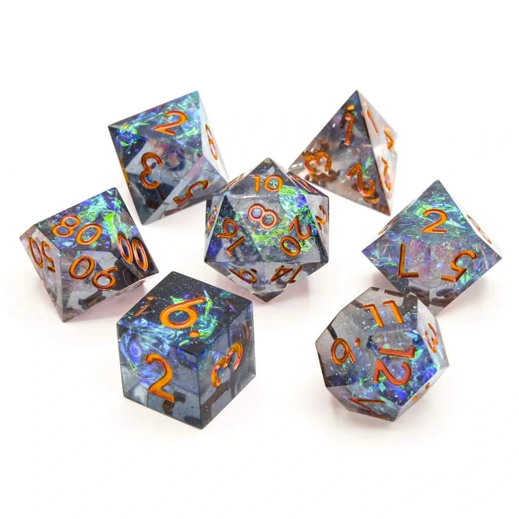 Cosmic Veil – lifestyle shot – sharp edge resin DnD dice set