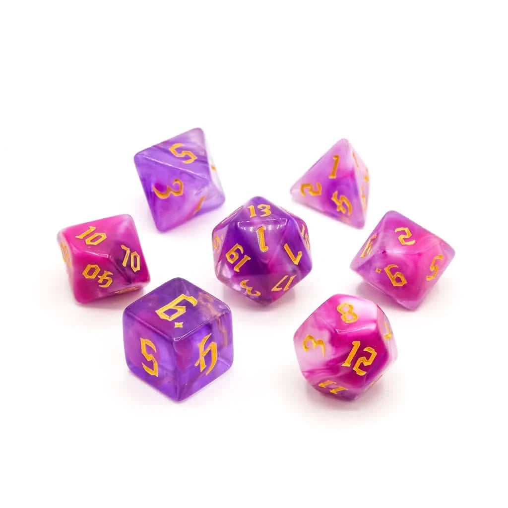 Sugarplum Swirl - Acrylic DND Dice Set - 7 Piece Polyhedral – lifestyle shot – acrylic DnD dice set