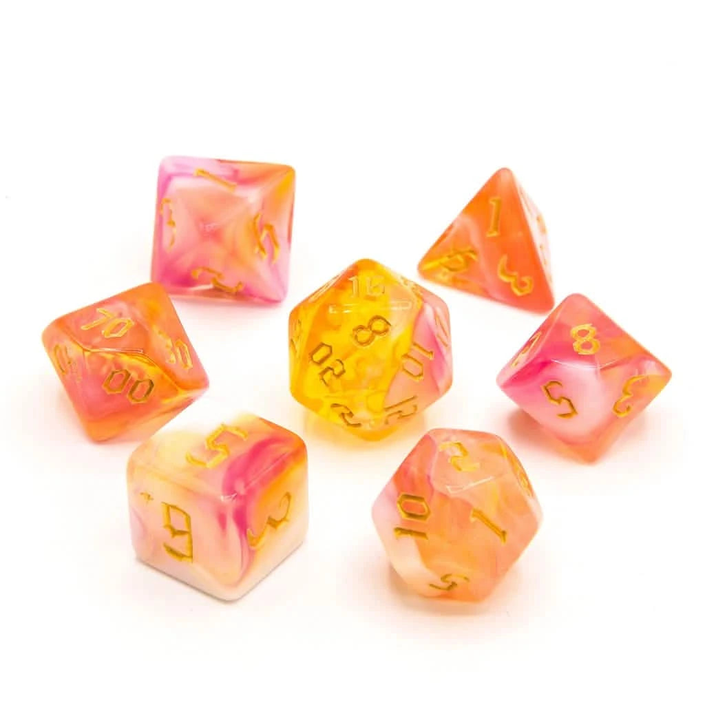 Sunset Dream – lifestyle shot – acrylic DnD dice set
