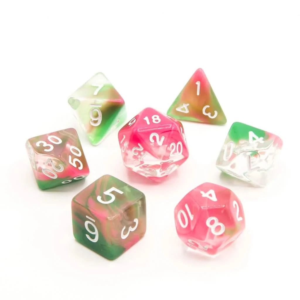 Watermelon Sugar - Acrylic DND Dice Set - 7 Piece Polyhedral – lifestyle shot – acrylic DnD dice set