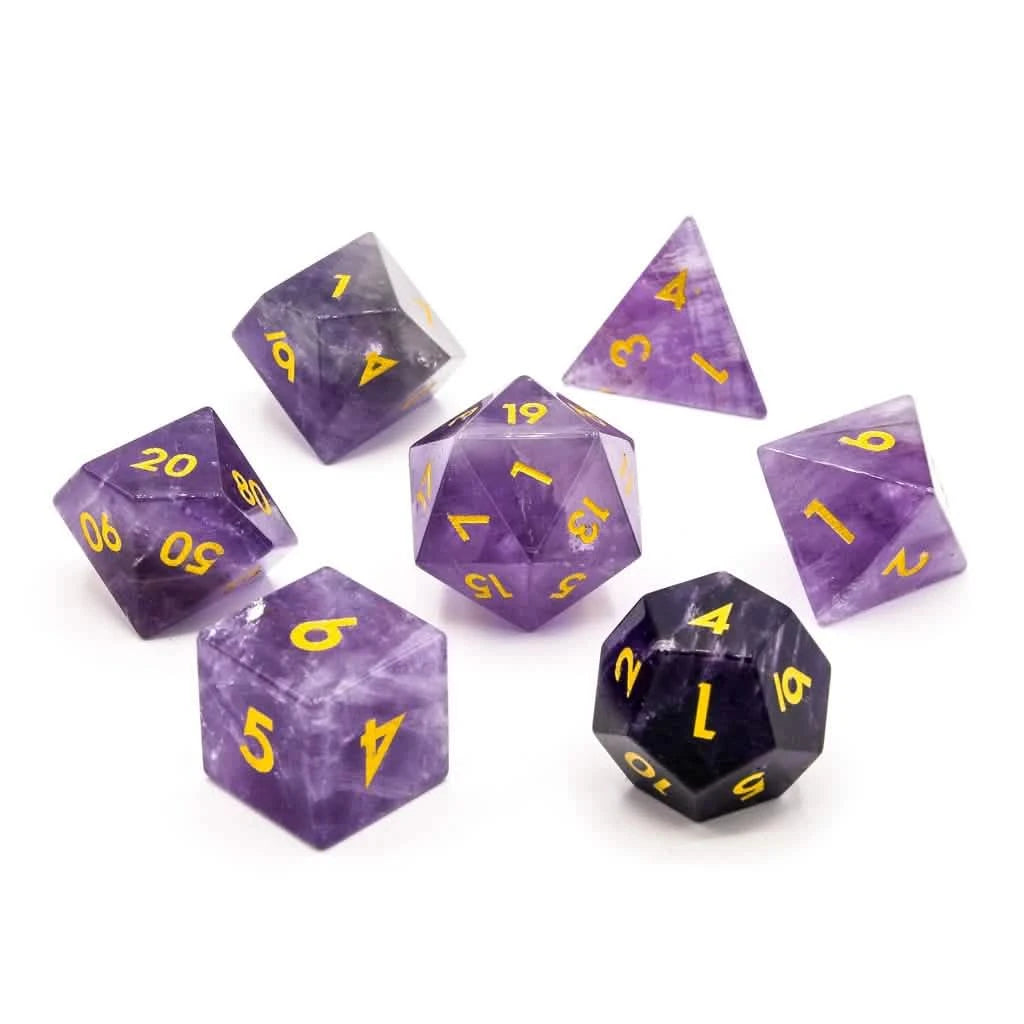 Amethyst – lifestyle shot – gemstone DnD dice set