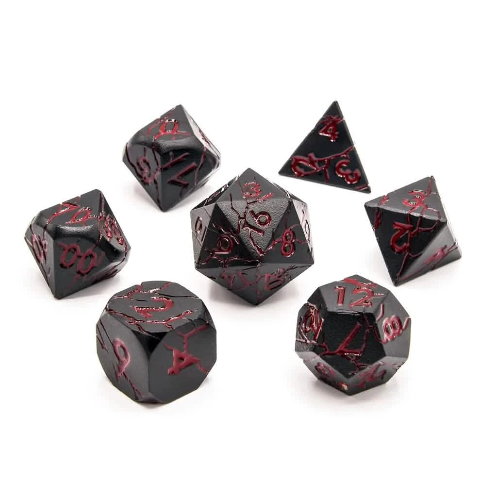 Bloodstone – lifestyle shot – metal DnD dice set