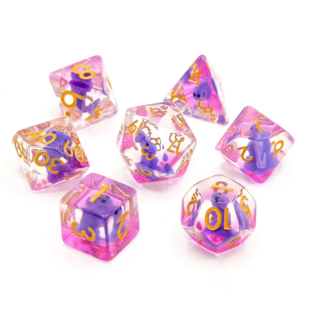Purple T-Rex – lifestyle shot – DnD dice set