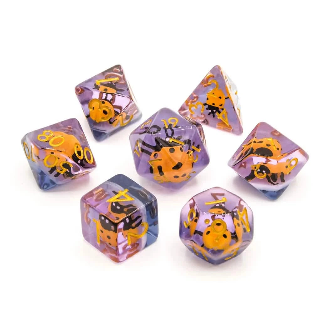 Yellow Ladybugs – lifestyle shot – DnD dice set