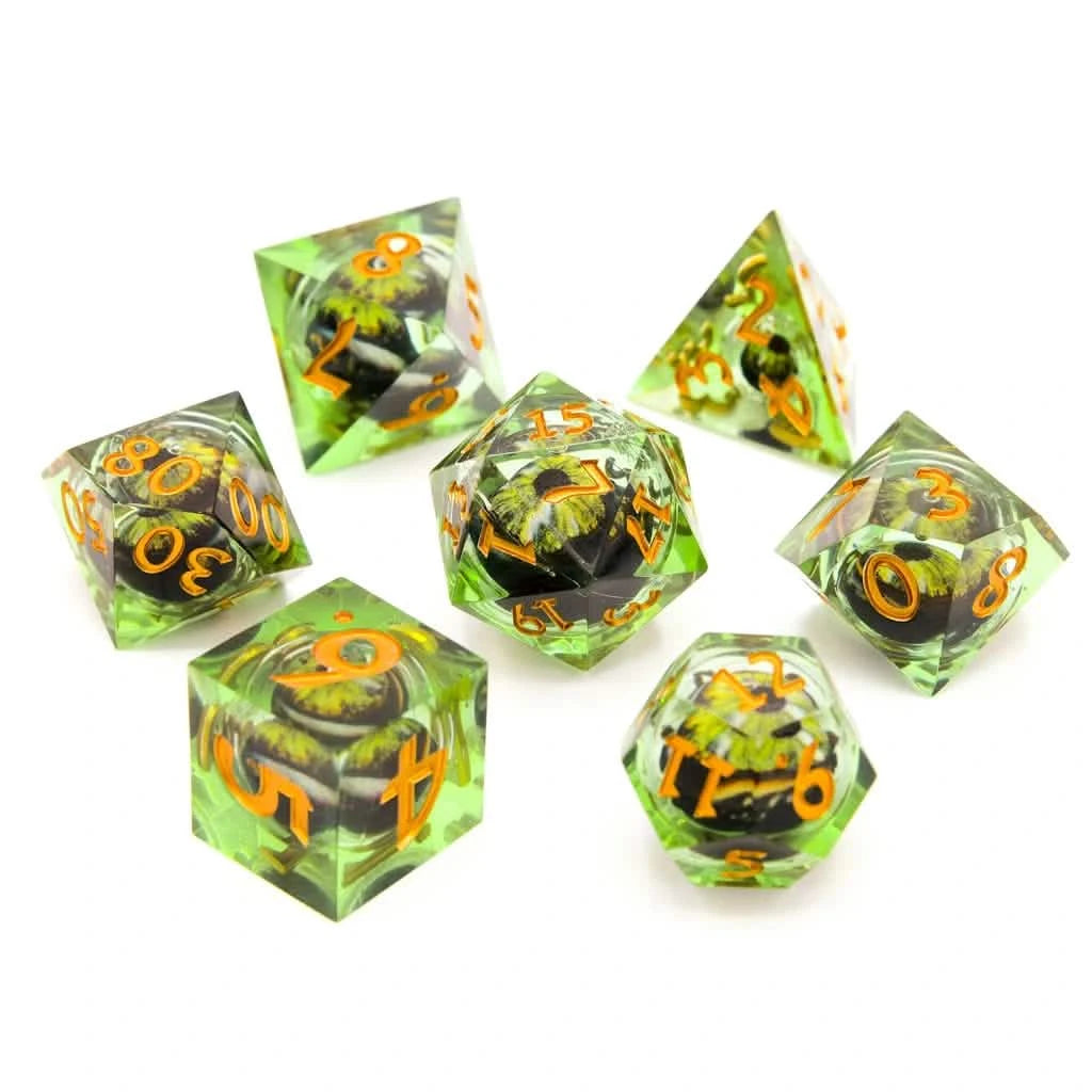 Eye of Emerald – lifestyle shot – liquid core DnD dice set