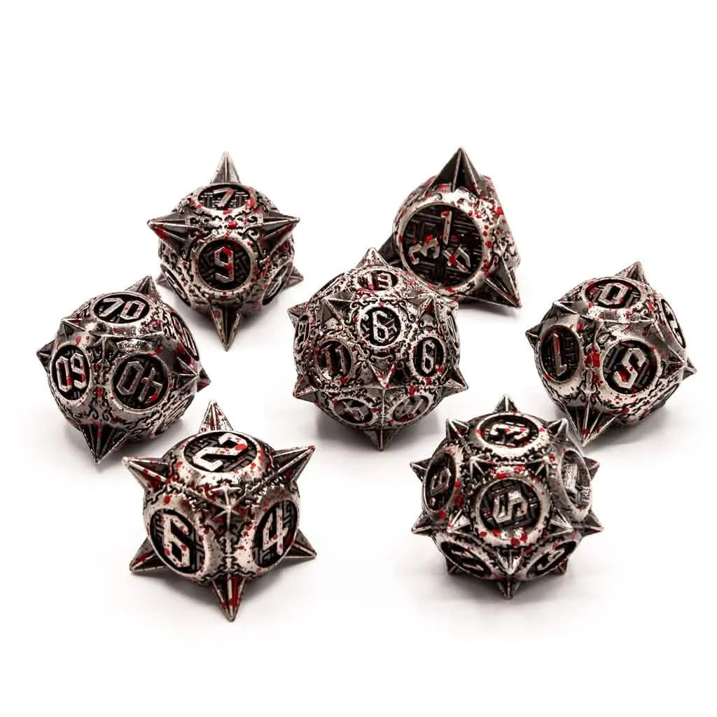Bloody Mace – lifestyle shot – metal DnD dice set