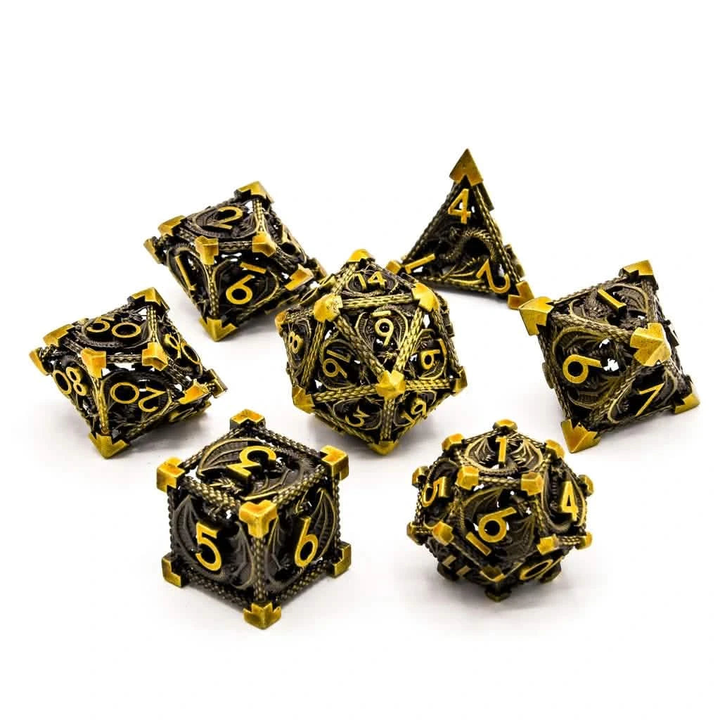 Draconic Prisoner – lifestyle shot – metal DnD dice set