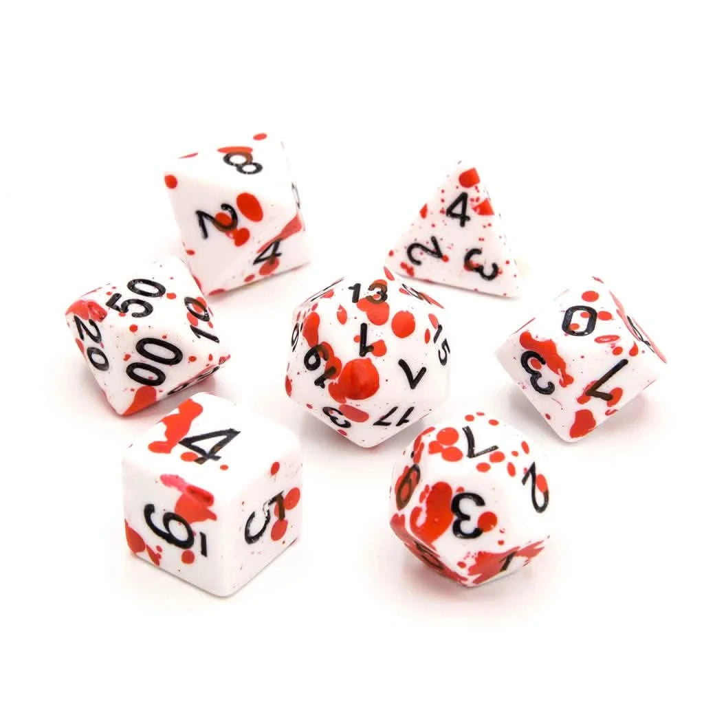 Blood Spatter – lifestyle shot – acrylic DnD dice set